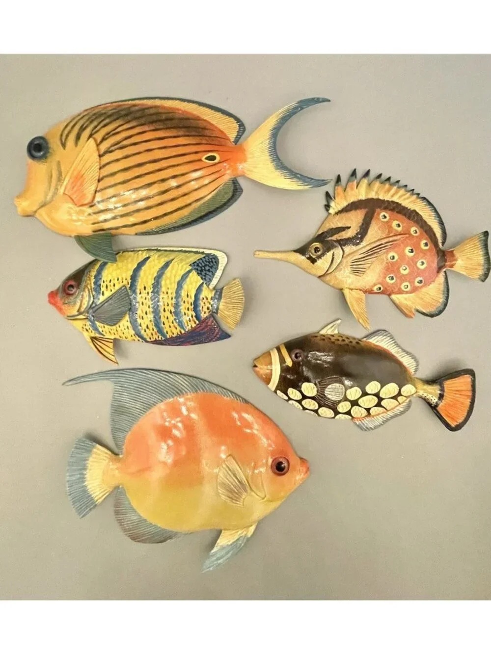Tropical Fish Wall Plaques Set of 5 Lacquered 3D Colorful Retro Kitschy MCM